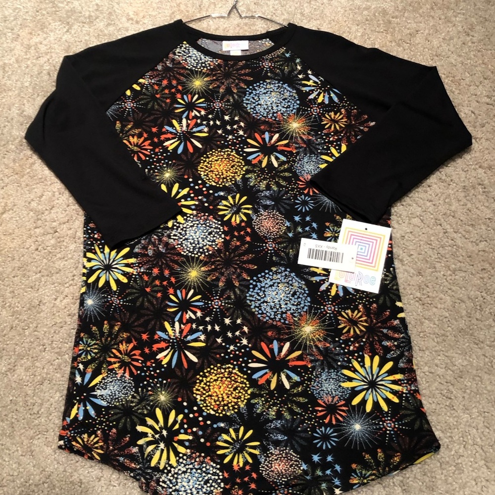 NEW Lularoe XXS Fireworks Randy Black Baseball Tee
